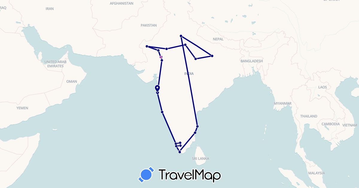 TravelMap itinerary: driving, train, hiking in India (Asia)